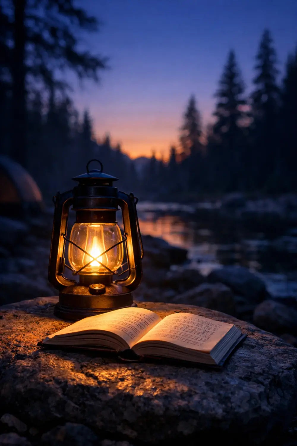 Lantern lighting an open Bible at a wilderness campsite during an early morning outdoor devotional.