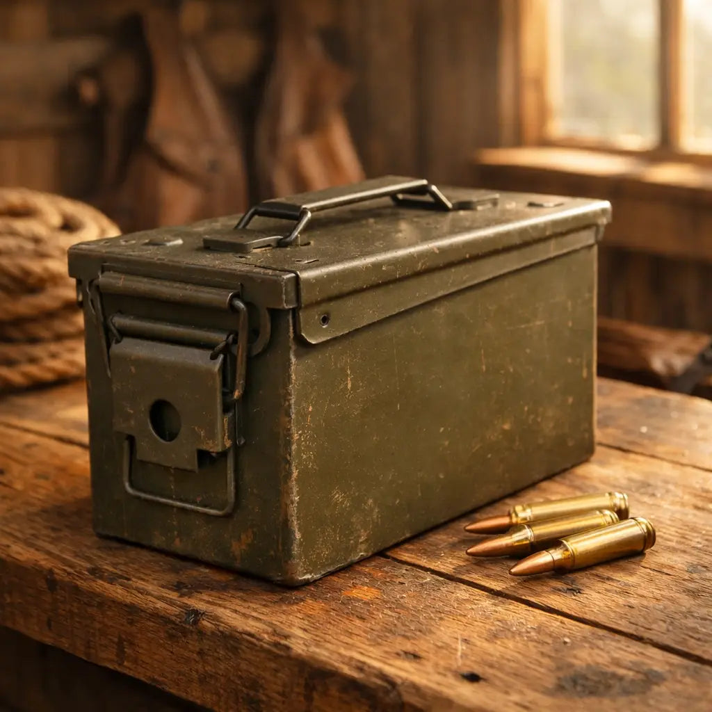Metal ammo can and brass cartridges on a rustic workbench for organized ammunition storage.