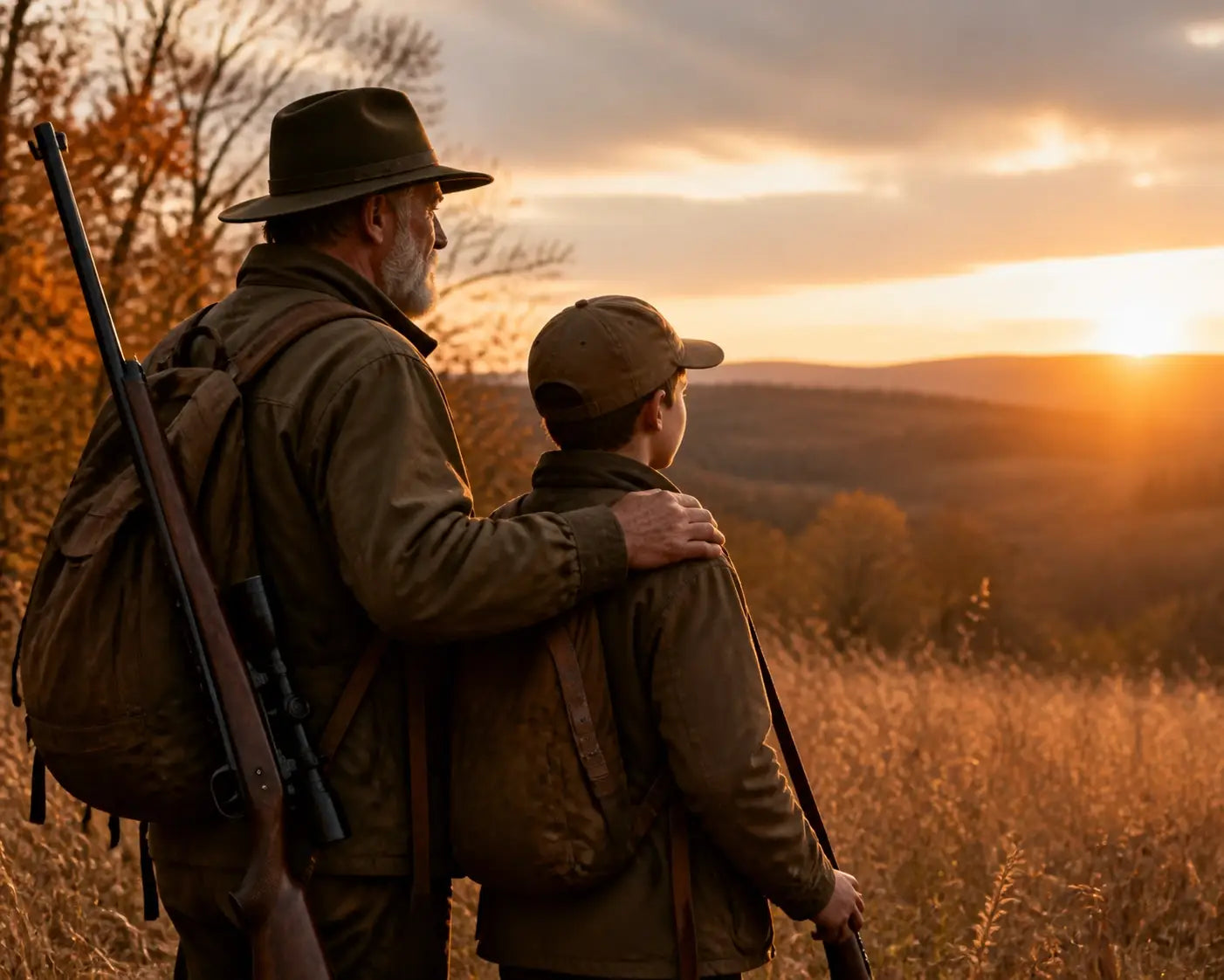 Experienced hunter mentoring a young student in an autumn meadow, sharing faith and traditions.