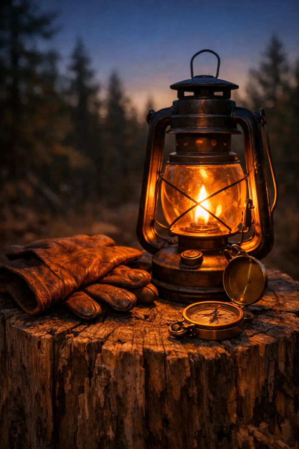 A glowing metal lantern on a wooden stump at twilight providing light for a wilderness campsite.
