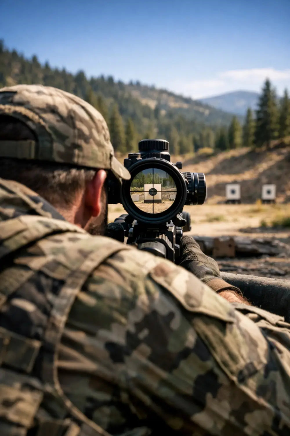 Marksman focused through rifle scope at outdoor shooting range eliminating distractions