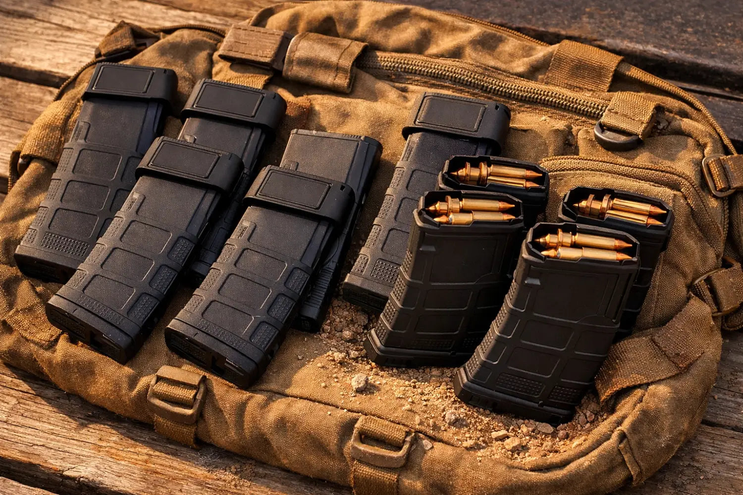 Comparison of PMAG magazines with and without dust covers showing protection benefits