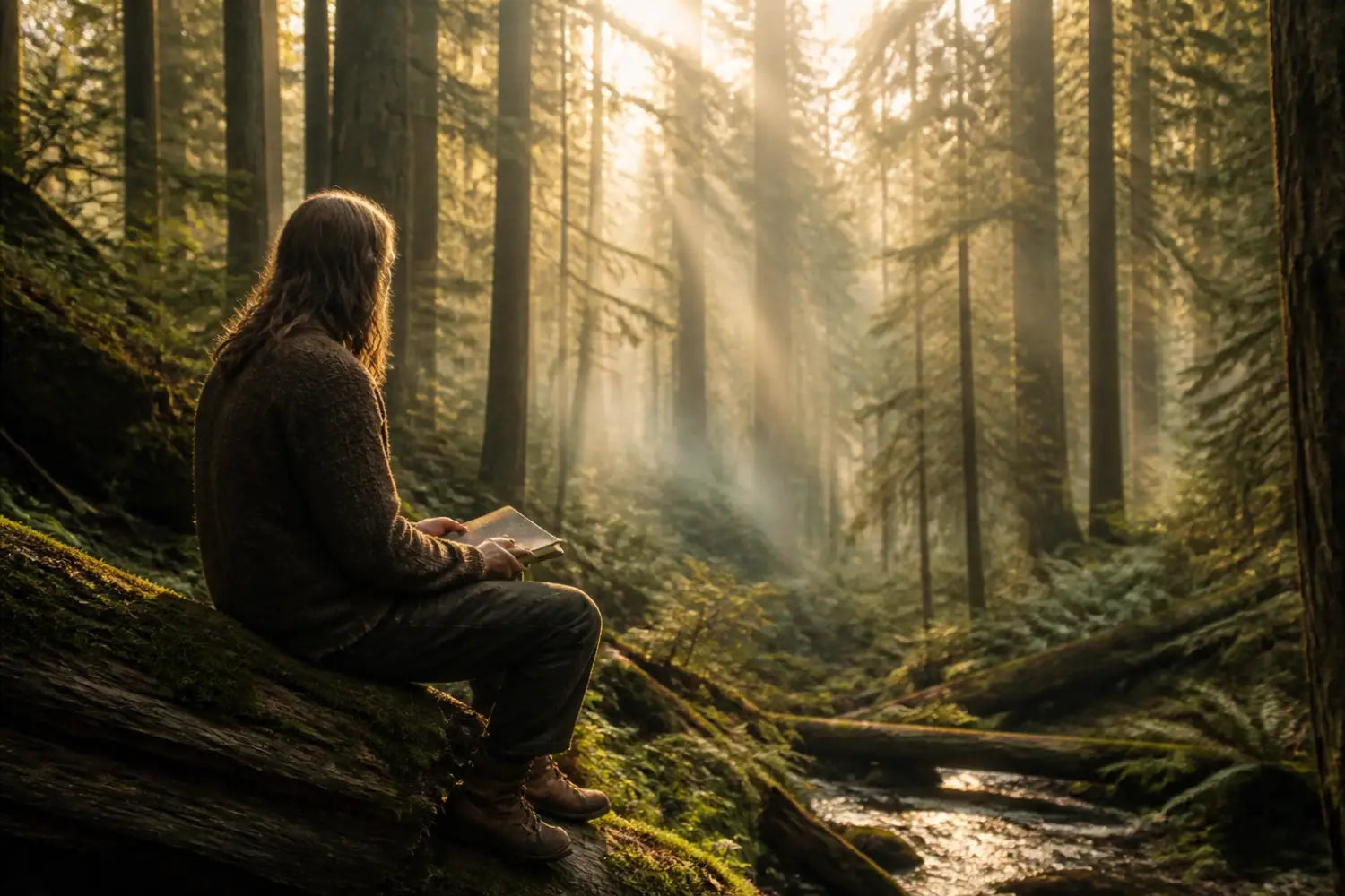 A person reading a Bible in a sunlit forest, reflecting on Christian faith and God's creation.