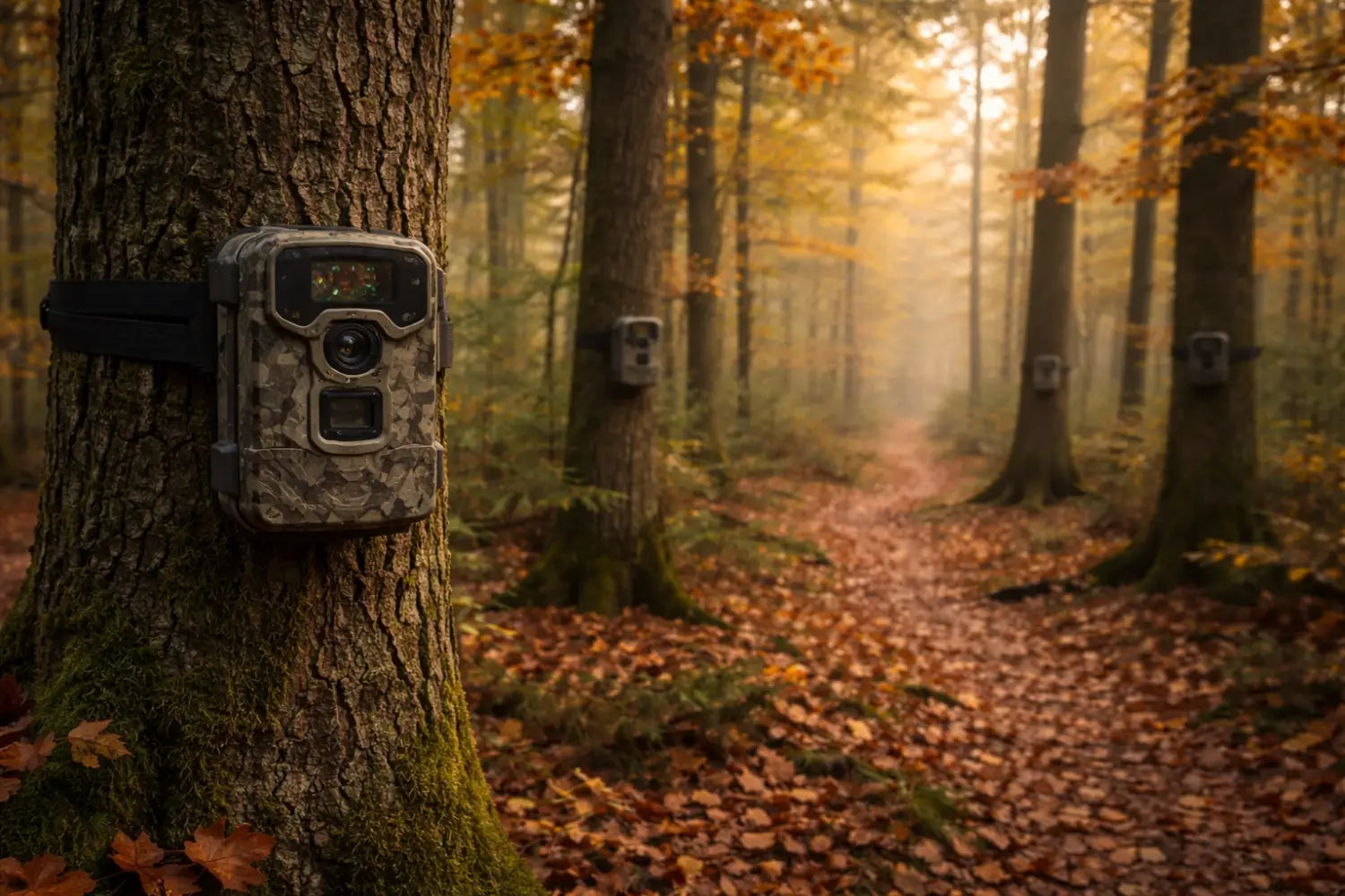 Trail cameras mounted on oak trees in autumn forest for effective scouting before hunting