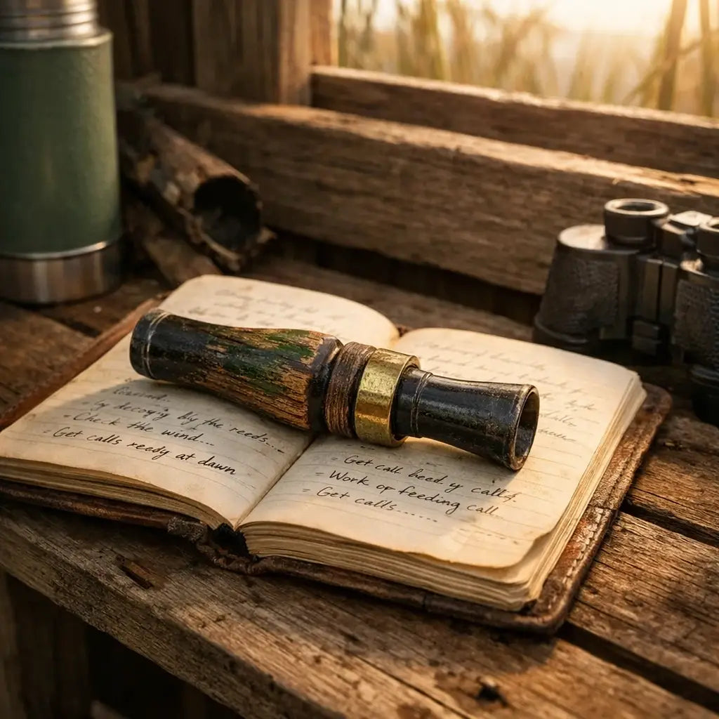 Duck call and journal on hunting bench illustrating practice and spiritual preparation