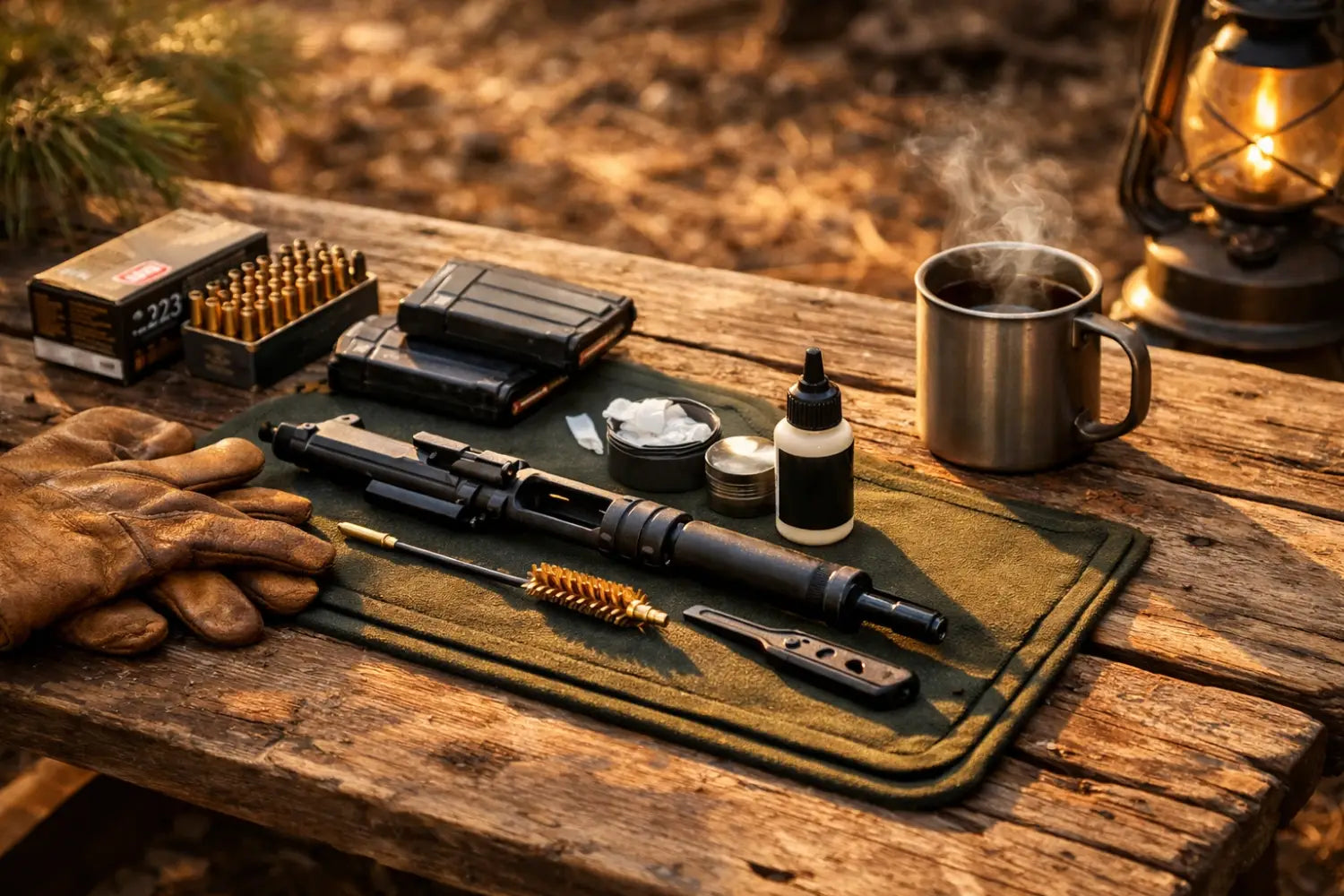 Rifle cleaning gear and ammunition magazines on a camp table, illustrating stewardship and preparation.