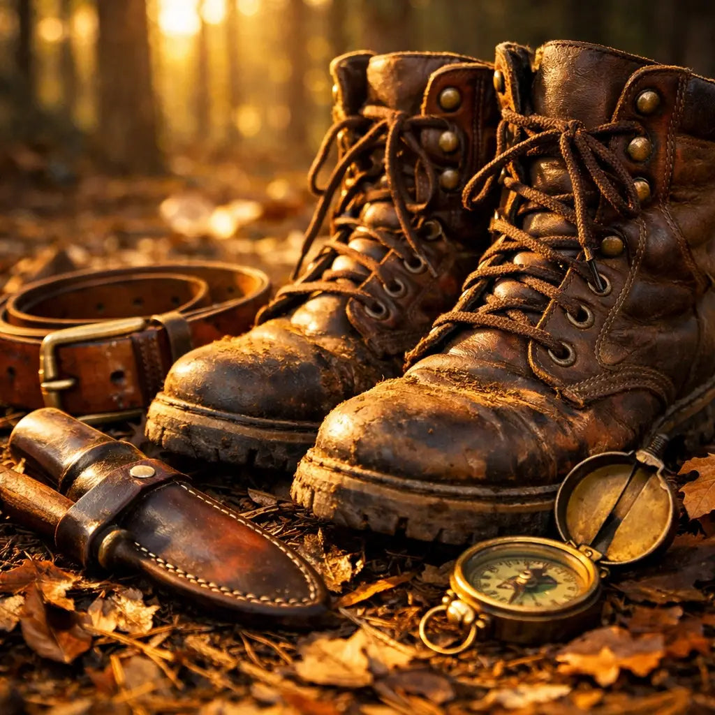 Hunting boots and belt with essential gear on forest ground representing foundation equipment