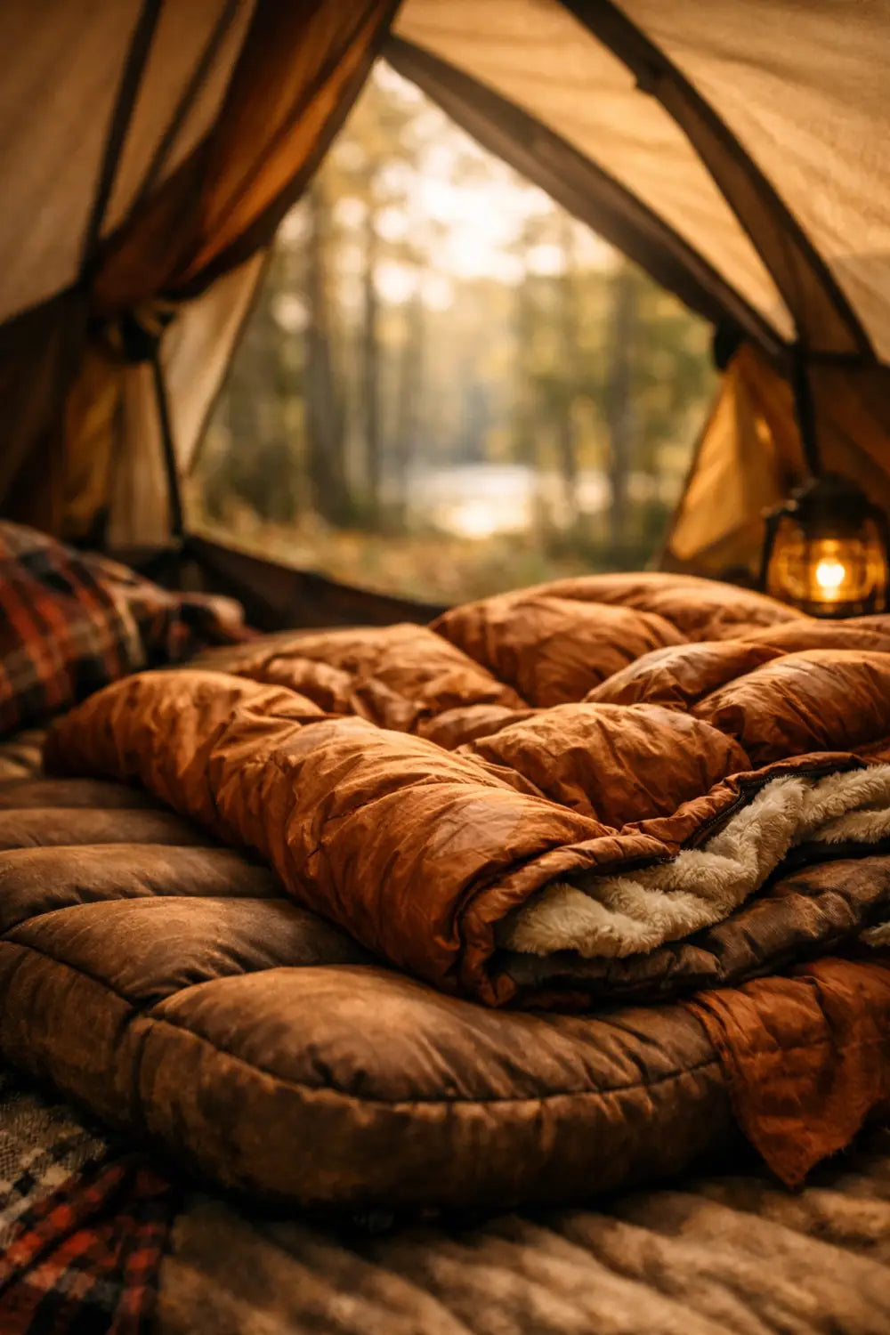 Insulated sleeping pad and warm sleeping bag inside a tent, offering comfort and rest during a camping trip.