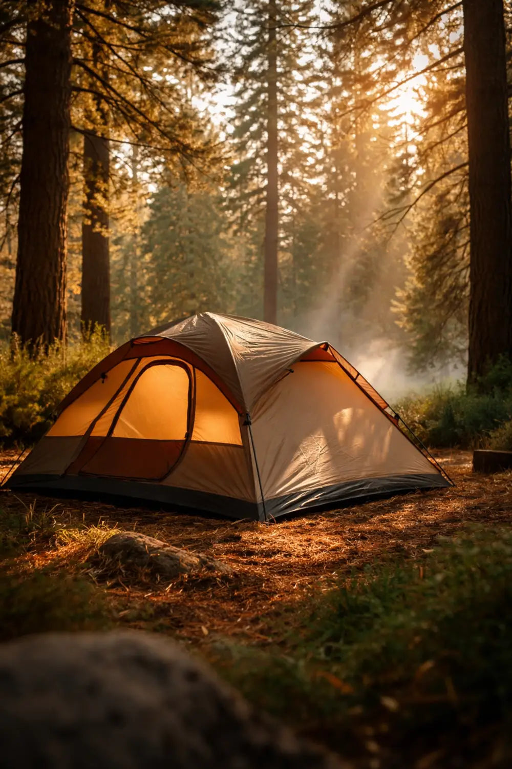 Camping tent in a peaceful forest clearing at sunset, providing shelter and comfort in the wilderness