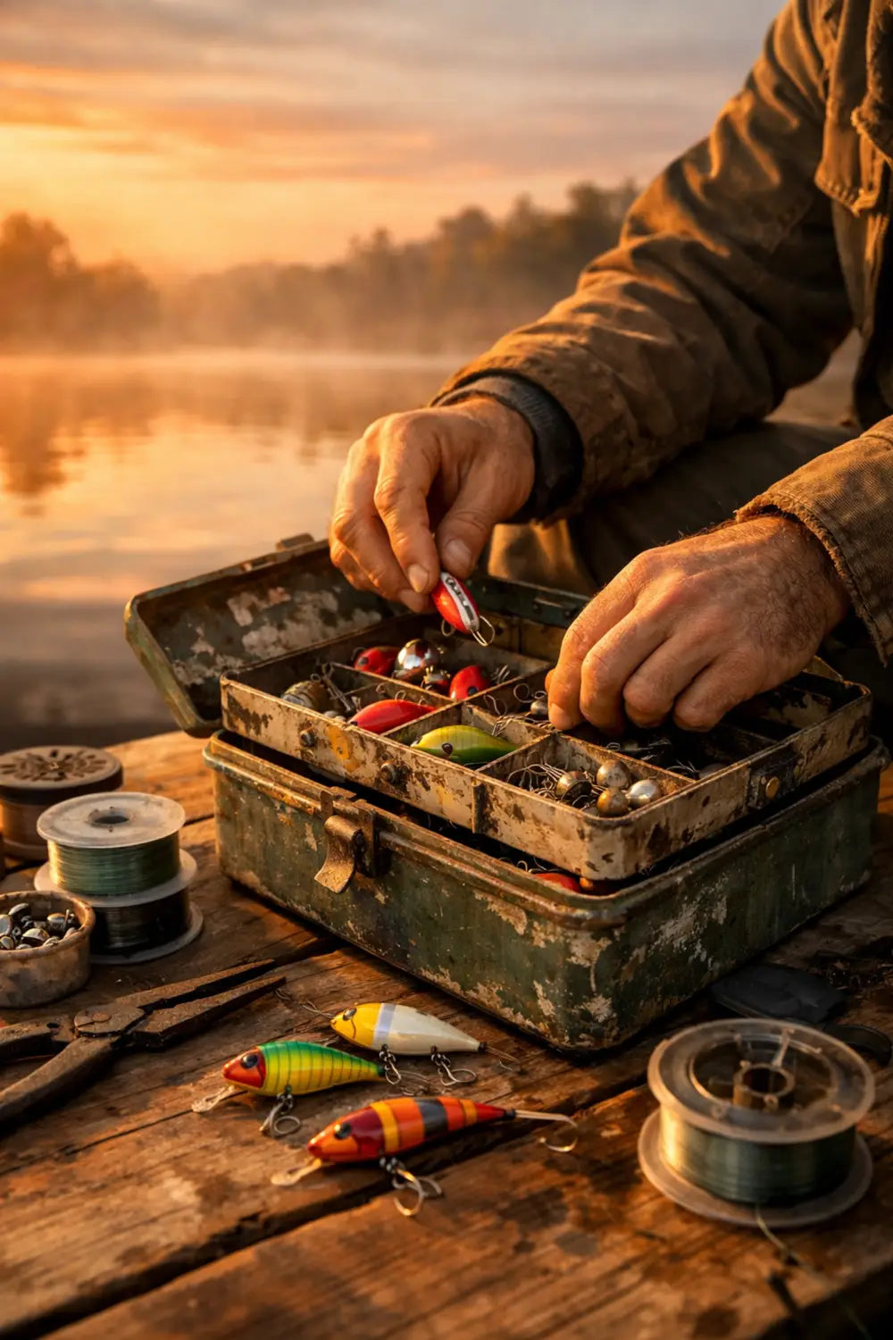 Fisherman organizing fishing gear and tackle box at dawn on wooden dock by misty lake