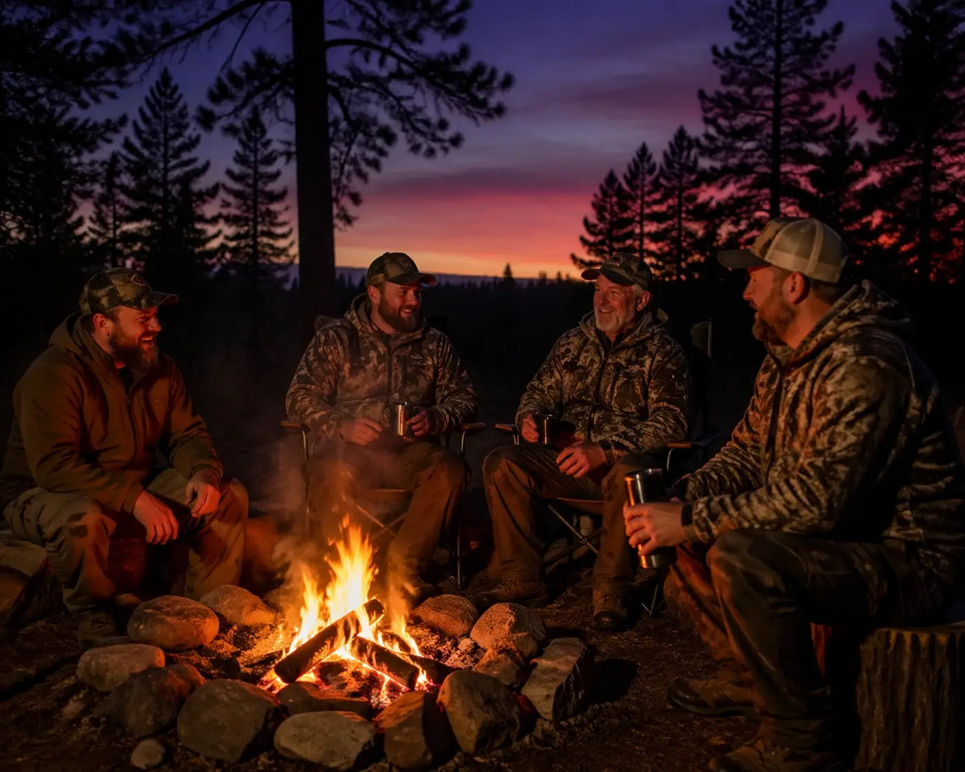 Outdoorsmen sharing a campfire at twilight, building a faith-filled community and brotherhood in the wild.