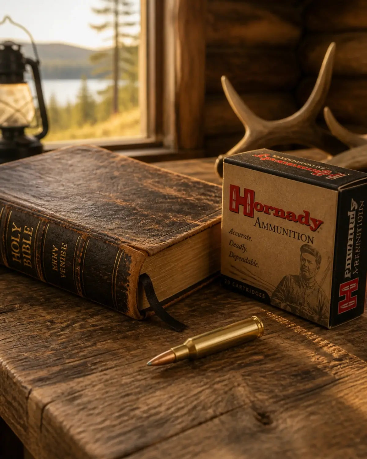 A weathered Bible, a box of Hornady ammunition, and a single brass cartridge on a rustic wooden table.