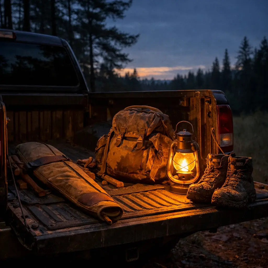 Hunting gear on a truck tailgate at twilight after a day of faith and freedom outdoors.