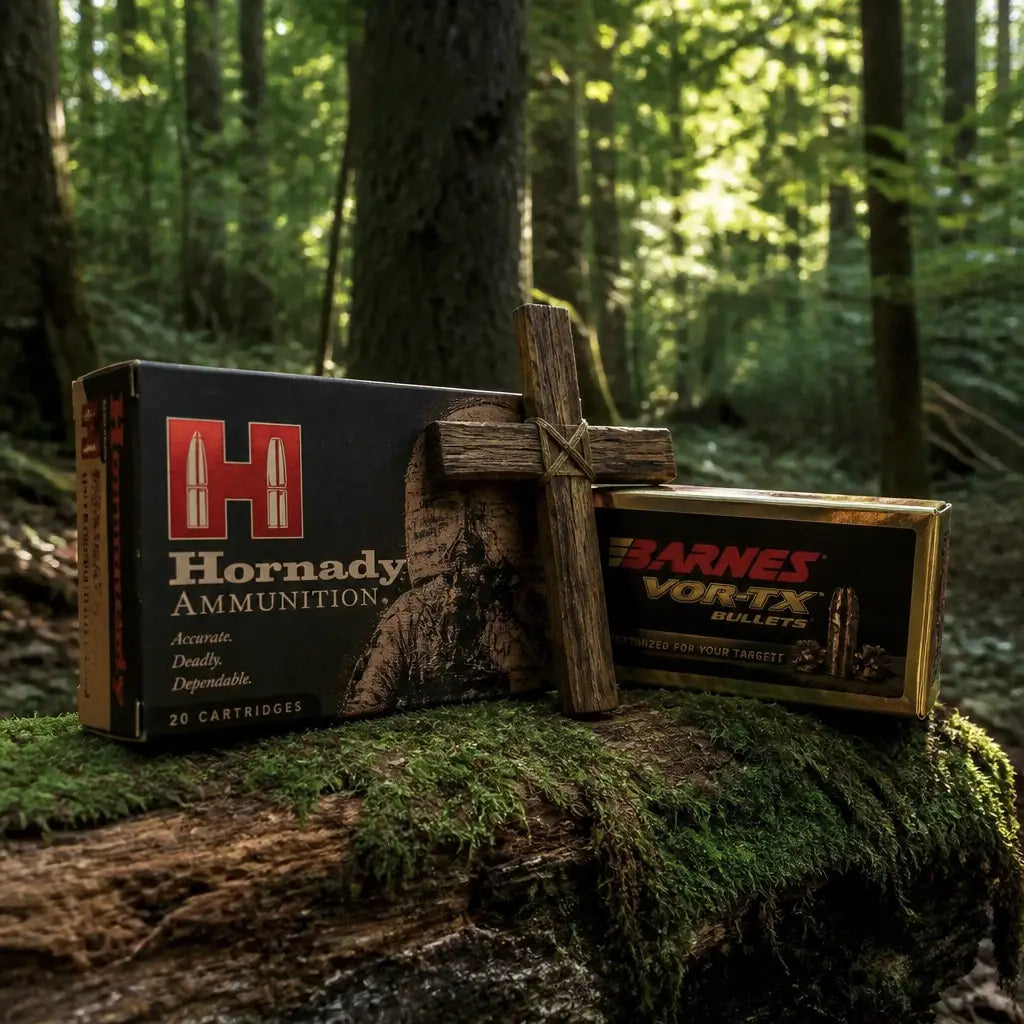 A box of Hornady ammunition and Barnes bullets sitting on a moss-covered log in a sun-dappled forest.