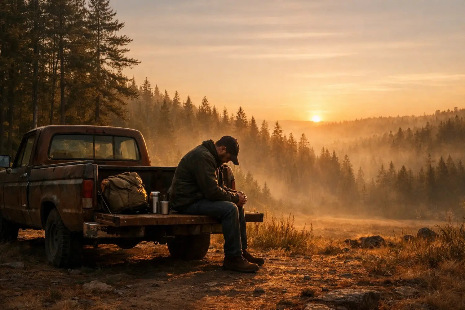 A person in prayer on a truck tailgate at sunrise, preparing for a faith-filled camping trip.