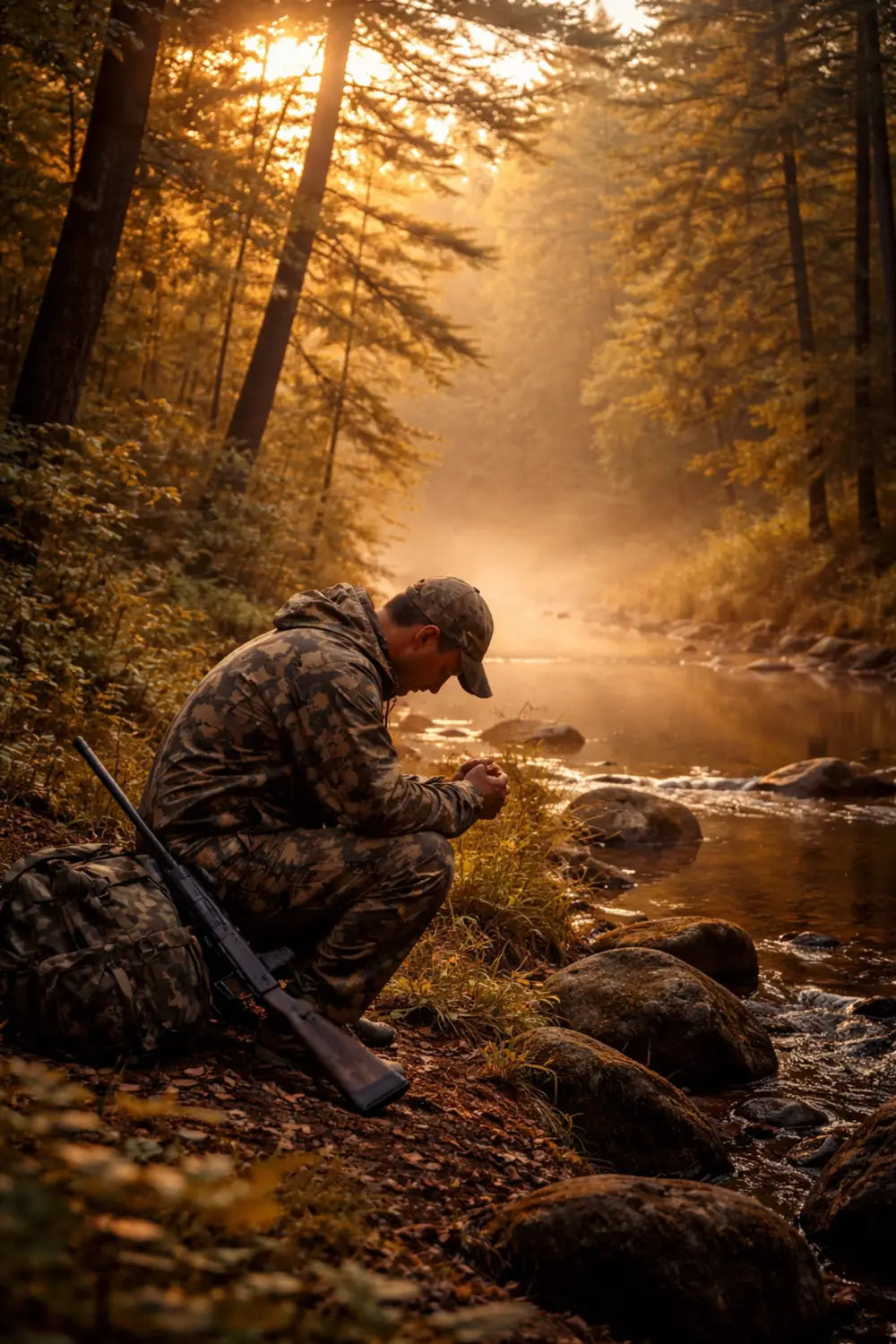 Hunter kneeling beside a tranquil forest stream at sunrise, reflecting on Christian stewardship in the outdoors